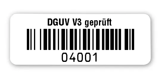 Universaletiketten Material:Folie hochglänzend weiß Größe:40x15mm Kopfzeile:"DGUV V3 geprüft" Barcode:128B Stellenanzahl:5-stellig Ausführung:1 Etikette pro Nummer Menge:1000