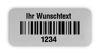 Universaletiketten Material:Folie silber matt Größe:26x12mm Kopfzeile:"Ihr Wunschtext" Barcode:128B Stellenanzahl:4-stellig Ausführung:2 Etiketten pro Nummer Menge:1000