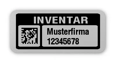 Inventaretiketten Material:Polyester-Folie Silberoptik matt Größe:26x12mm Kopfzeile:"Ihr Wunschtext" Barcode:DataMatrix Stellenanzahl:8-stellig Menge:100