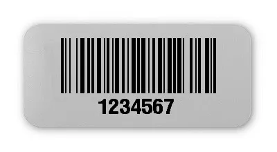 Universaletiketten Material:Polyester-Folie Silberoptik matt Größe:26x12mm Kopfzeile:"ohne" Barcode:128B Stellenanzahl:7-stellig Ausführung:1 Etikette pro Nummer Menge:1000