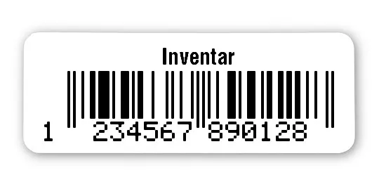 Inventaretiketten Universal Material:Folie weiß Größe:40x15mm Kopfzeile:"Inventar" Barcode:EAN 13 Stellenanzahl:13-stellig Ausführung:1 Etikett pro Nummer Etiketten je Rolle:1000