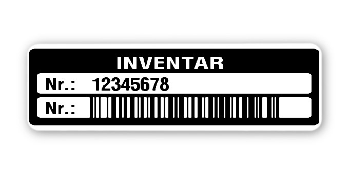 Inventaretiketten Material:Polyethylen-Folie hochglänzend weiß Größe:50x15mm Kopfzeile:"Inventar" Barcode:128B Stellenanzahl:8-stellig Menge:1000
