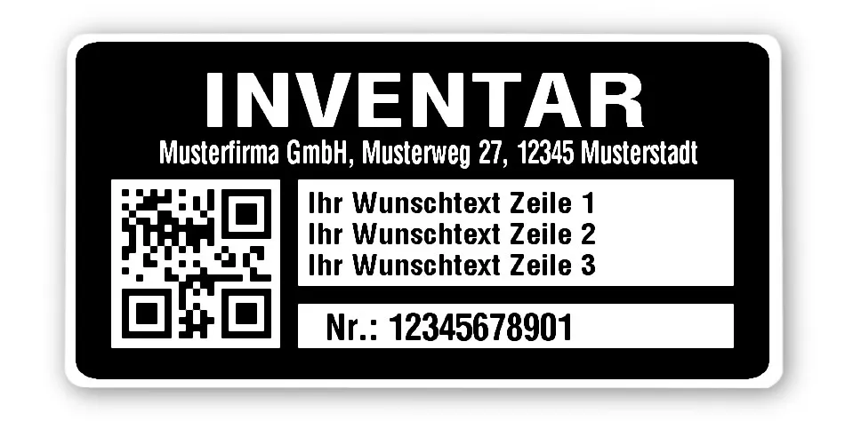 Inventaretiketten Material:Polyethylen-Folie hochglänzend weiß Größe:68x34mm Kopfzeile:"Ihr Wunschtext" Barcode:QR Stellenanzahl:11-stellig Menge:1000