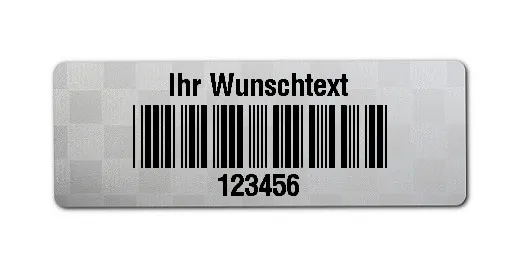 Siegeletiketten Material:Polyester-Folie Silberoptik Siegeletikette Größe:36x13mm Kopfzeile:"Ihr Wunschtext" Barcode:Code 39 ohne Prüfziffer Stellenanzahl:6-stellig Menge:1000