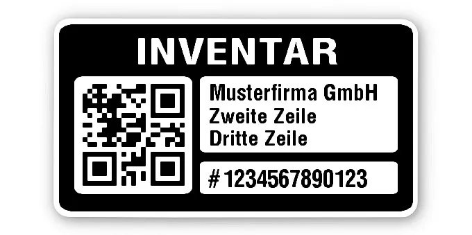 Inventaretiketten Material:Polyethylen-Folie hochglänzend weiß Größe:45x25mm Kopfzeile:"Ihr Wunschtext" Barcode:QR Stellenanzahl:13-stellig Menge:1000