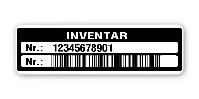 Inventaretiketten Material:Polyethylen-Folie hochglänzend weiß Größe:50x15mm Kopfzeile:"Inventar" Barcode:Code 39 ohne Prüfziffer Stellenanzahl:11-stellig Menge:100