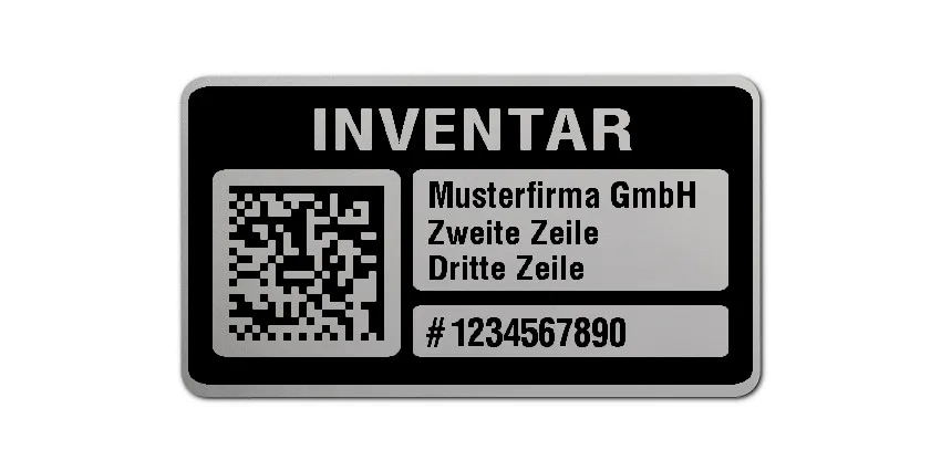 Inventaretiketten Material:Polyester-Folie Silberoptik matt Größe:45x25mm Kopfzeile:"Ihr Wunschtext" Barcode:DataMatrix Stellenanzahl:10-stellig Menge:500