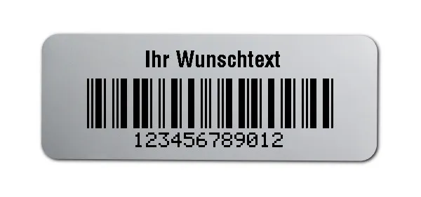 Inventaretiketten Universal Material:Folie silber matt Größe:40x15mm Kopfzeile:"Ihr Wunschtext" Barcode:2a5 mit Prüfziffer Stellenanzahl:12-stellig Ausführung:1 Etikett pro Nummer Etiketten je Rolle:1000