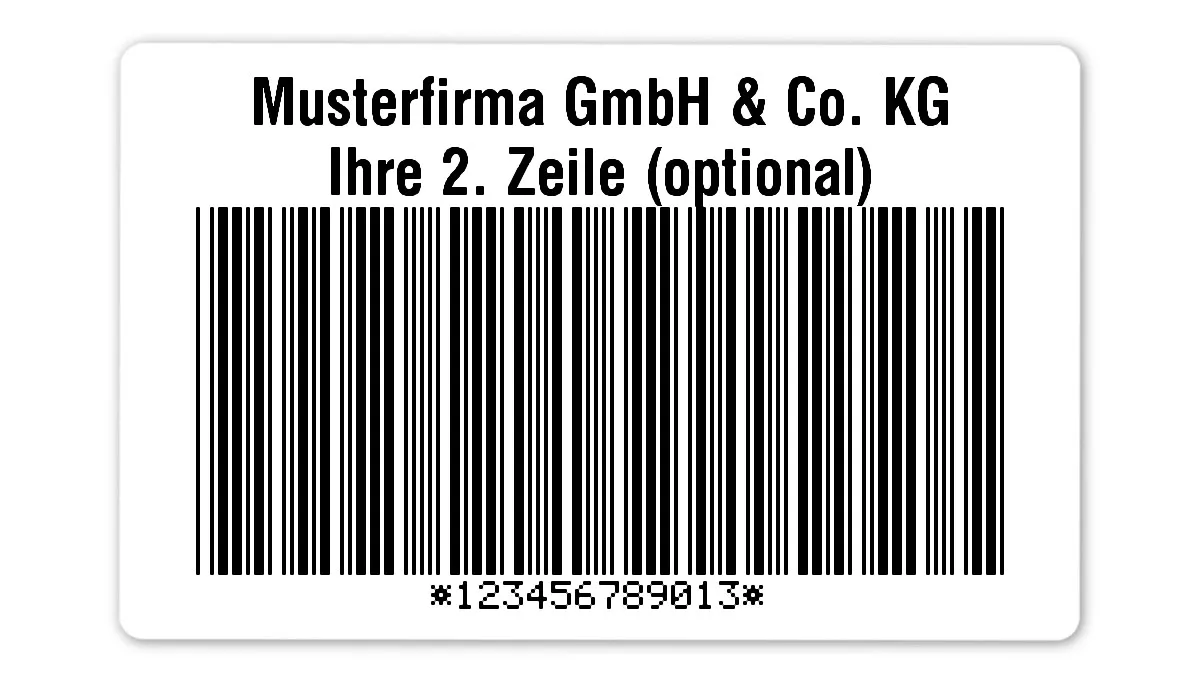 Universaletiketten Material:Polyethylen-Folie hochglänzend weiß Größe:80x50mm Kopfzeile:"Ihr Wunschtext" Barcode:Code 39 mit Prüfziffer Stellenanzahl:12-stellig Ausführung:1 Etikette pro Nummer Menge:500