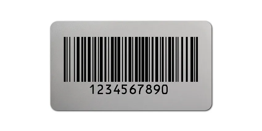 Universaletiketten Material:Polyester-Folie Silberoptik matt Größe:45x25mm Kopfzeile:"ohne" Barcode:128B Stellenanzahl:10-stellig Ausführung:1 Etikette pro Nummer Menge:100
