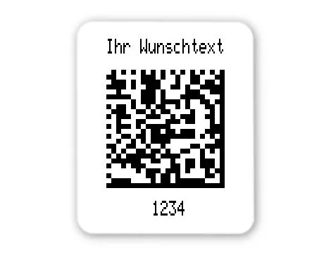 Produktbild:Universaletiketten Material:Folie weiß Größe:26x22mm Kopfzeile:"Ihr Wunschtext" Barcode:DataMatrix Stellenanzahl:4-stellig Ausführung:3 Etiketten pro Nummer Etiketten je Rolle:300