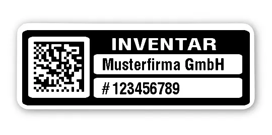 Inventaretiketten Material:Polyethylen-Folie hochglänzend weiß Größe:40x15mm Kopfzeile:"Ihr Wunschtext" Barcode:DataMatrix Stellenanzahl:9-stellig Menge:1000