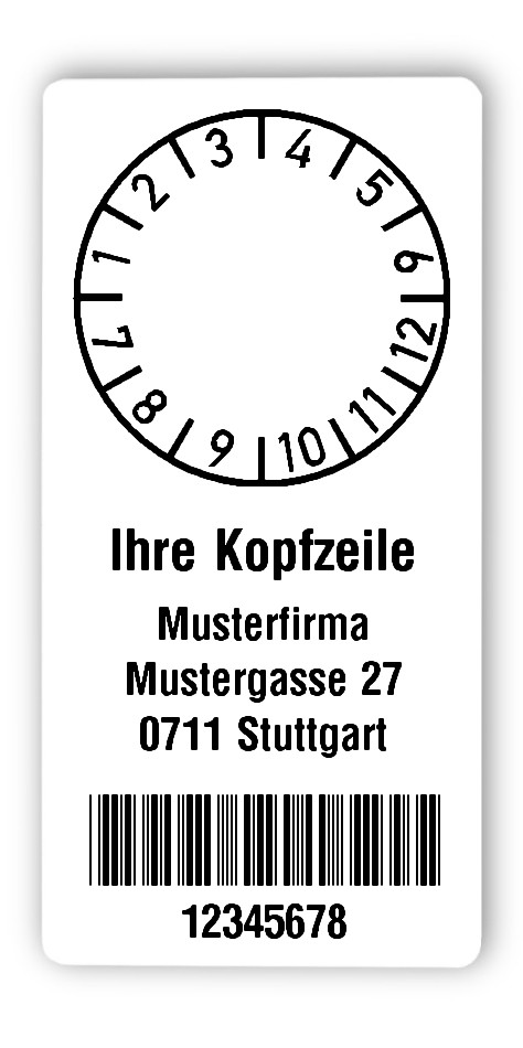 300x Prüfplaketten Folie weiß, 68x34mm, 8-stellig ff, Ihr Wunschtext, 1 Etikett pro Nummer