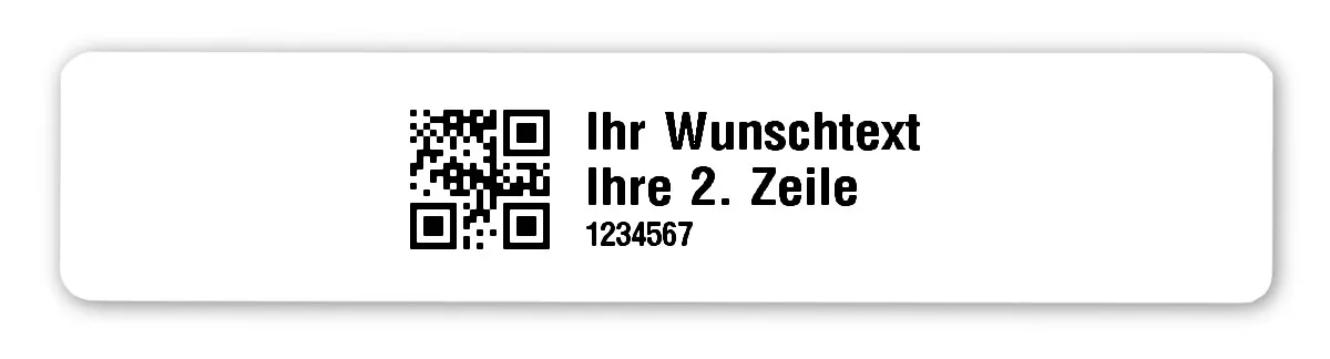 Universaletiketten Material:Polyethylen-Folie weiß matt opak Größe:77x16mm Kopfzeile:"Ihr Wunschtext" Barcode:QR Stellenanzahl:7-stellig Ausführung:1 Etikette pro Nummer Menge:1000