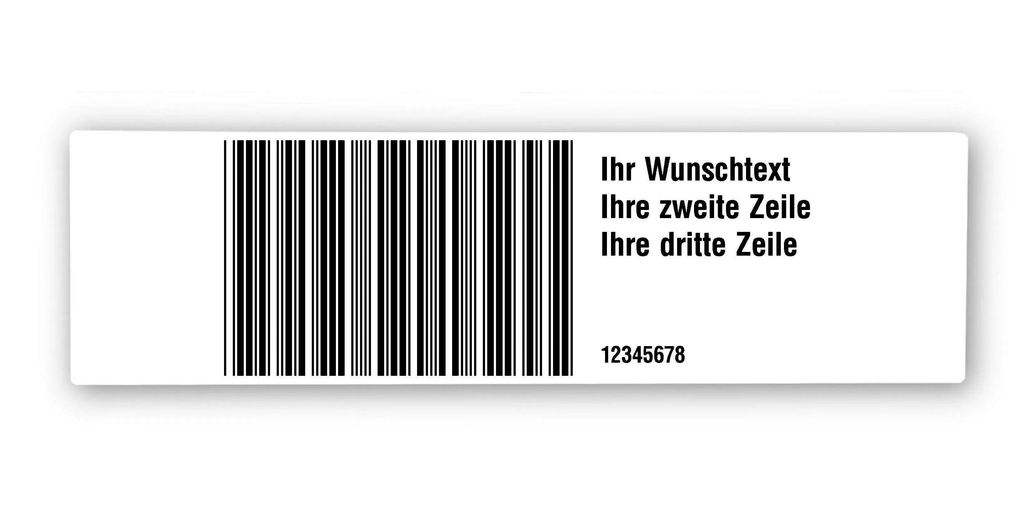 Universaletiketten Material:Polyethylen-Folie weiß matt opak Größe:250x70mm Kopfzeile:"ohne" Barcode:Code 39 mit Prüfziffer Stellenanzahl:15-stellig Ausführung:1 Etikette pro Nummer Menge:500