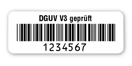 Prüfetiketten Material:Polyethylen-Folie hochglänzend weiß Größe:40x15mm Kopfzeile:"DGUV V3 geprüft" Barcode:Code 39 ohne Prüfziffer Stellenanzahl:7-stellig Ausführung:1 Etikette pro Nummer Menge:500