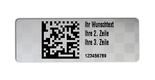 Universaletiketten Material:Polyester-Folie Silberoptik Siegeletikette Größe:36x13mm Kopfzeile:"Ihr Wunschtext" Barcode:DataMatrix Stellenanzahl:9-stellig Ausführung:1 Etikette pro Nummer Menge:500