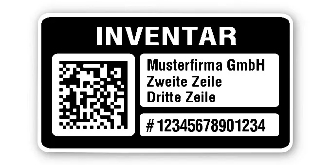 Inventaretiketten Material:Polyethylen-Folie hochglänzend weiß Größe:45x25mm Kopfzeile:"Ihr Wunschtext" Barcode:DataMatrix Stellenanzahl:14-stellig Menge:100