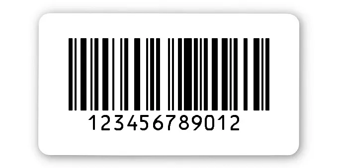 Universaletiketten Material:Polyethylen-Folie hochglänzend weiß Größe:45x25mm Kopfzeile:"ohne" Barcode:128C Stellenanzahl:12-stellig Ausführung:1 Etikette pro Nummer Menge:500