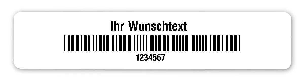 Universaletiketten Material:Polyethylen-Folie weiß matt opak Größe:77x16mm Kopfzeile:"Ihr Wunschtext" Barcode:Code 39 ohne Prüfziffer Stellenanzahl:7-stellig Ausführung:1 Etikette pro Nummer Menge:100