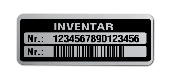 Inventaretiketten Material:Polyester-Folie Silberoptik matt Größe:40x15mm Kopfzeile:"Inventar" Barcode:128C Stellenanzahl:16-stellig Menge:500