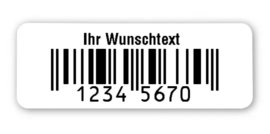 EAN Etiketten Material:Polyethylen-Folie hochglänzend weiß Größe:40x15mm Produkt:EAN Etiketten Kopfzeile:"Ihr Wunschtext" Größe:40x15mm Barcode:EAN 8 Stellenanzahl:8-stellig Ausführung:1 Etikette pro Nummer Menge:100