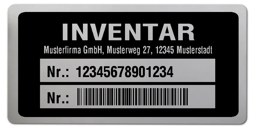 Inventaretiketten Material:Polyester-Folie Silberoptik matt Größe:68x34mm Kopfzeile:"Ihr Wunschtext" Barcode:128B Stellenanzahl:14-stellig Ausführung:1 Etikette pro Nummer Menge:500