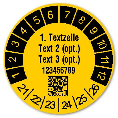 Produktbild:Prüfetiketten Material:Folie gelb Größe:Ø 30mm Kopfzeile:"Ihr Wunschtext" Barcode:DataMatrix Stellenanzahl:9-stellig Ausführung:1 Etikett pro Nummer Etiketten je Rolle:1000