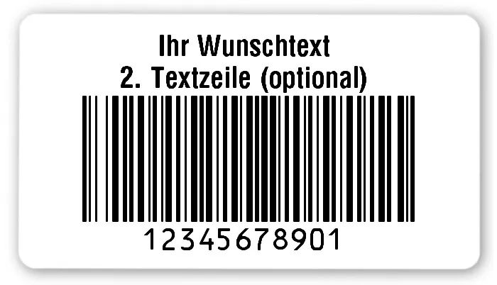 Universaletiketten Material:Folie hochglänzend weiß Größe:54x30mm Kopfzeile:"Ihr Wunschtext" Barcode:128B Stellenanzahl:11-stellig Ausführung:2 Etiketten pro Nummer Menge:100