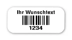 Universaletiketten Material:Folie weiß Größe:18x8mm Kopfzeile:"Ihr Wunschtext" Barcode:2a5 interleaved Stellenanzahl:4-stellig Ausführung:1 Etikett pro Nummer Etiketten je Rolle:100
