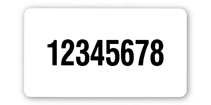 Universaletiketten Material:Polyethylen-Folie hochglänzend weiß Größe:45x25mm Kopfzeile:"ohne" Barcode:ohne Stellenanzahl:8-stellig Ausführung:1 Etikette pro Nummer Menge:1000