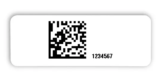 Universaletiketten Material:Folie hochglänzend weiß Größe:40x15mm Kopfzeile:"ohne" Barcode:DataMatrix Stellenanzahl:7-stellig Ausführung:4 Etiketten pro Nummer Menge:500