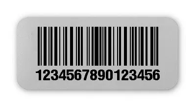 Universaletiketten Material:Folie silber matt Größe:26x12mm Kopfzeile:"ohne" Barcode:128C Stellenanzahl:16-stellig Ausführung:4 Etiketten pro Nummer Menge:1000