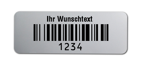 500x Prüfetiketten Folie silber, 40x15mm, 128B 4-stellig ff, Ihr Wunschtext, 1 Etikett pro Nummer