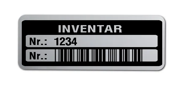 Inventaretiketten Material:Polyester-Folie Silberoptik matt Größe:40x15mm Kopfzeile:"Inventar" Barcode:Code 39 ohne Prüfziffer Stellenanzahl:4-stellig Menge:100