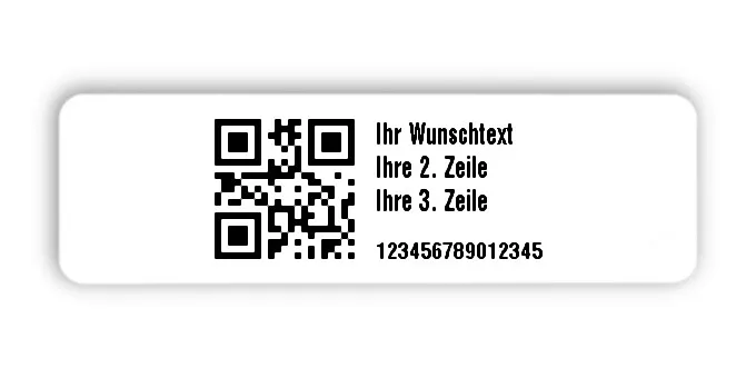 Universaletiketten Material:ThermoTop Größe:50x15mm Kopfzeile:"Ihr Wunschtext" Barcode:QR Stellenanzahl:15-stellig Ausführung:1 Etikette pro Nummer Menge:500