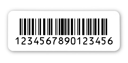 Universaletiketten Material:Folie hochglänzend weiß Größe:40x15mm Kopfzeile:"ohne" Barcode:128C Stellenanzahl:16-stellig Ausführung:2 Etiketten pro Nummer Menge:100