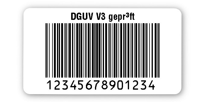 1000x Prüfetiketten Folie weiß, 45x25mm, 128B 14-stellig ff, DGUV V3 geprüft, 1 Etikett pro Nummer