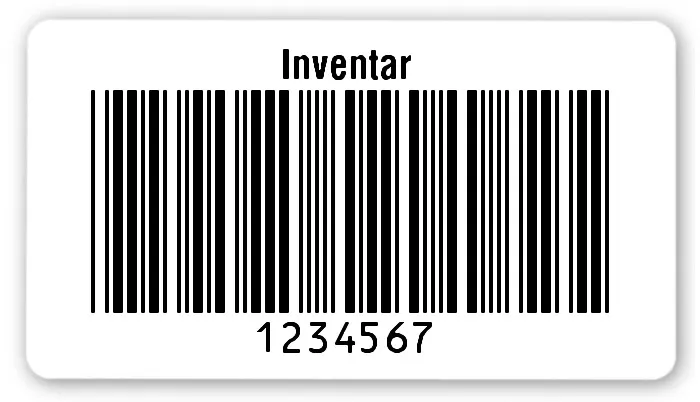 Inventaretiketten Universal Material:Folie weiß Größe:54x30mm Kopfzeile:"Inventar" Barcode:Code 39 ohne Prüfziffer Stellenanzahl:7-stellig Ausführung:1 Etikett pro Nummer Etiketten je Rolle:100