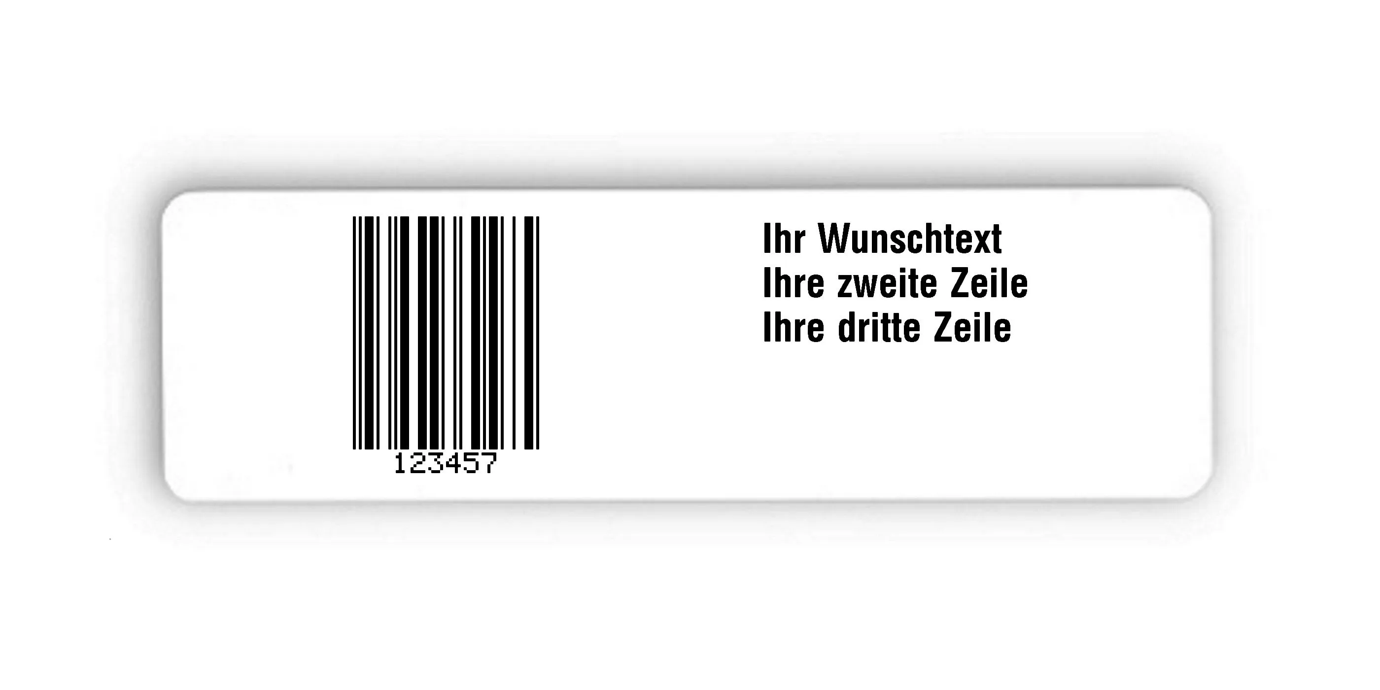 Universaletiketten Material:Polyethylen-Folie hochglänzend weiß Größe:150x50mm Kopfzeile:"Ihr Wunschtext" Barcode:2a5 mit Prüfziffer Stellenanzahl:6-stellig Ausführung:1 Etikette pro Nummer Menge:1000