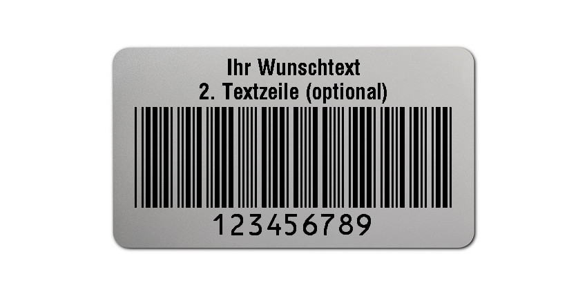1000x Prüfetiketten Folie silber, 45x25mm, 9-stellig ff, Ihr Wunschtext, 1 Etikett pro Nummer