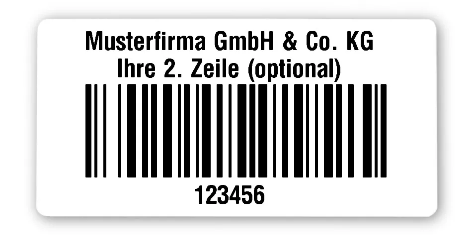 Universaletiketten Material:Polyethylen-Folie hochglänzend weiß Größe:68x34mm Kopfzeile:"Ihr Wunschtext" Barcode:128B Stellenanzahl:6-stellig Ausführung:1 Etikette pro Nummer Menge:1000