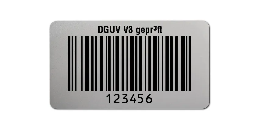 Prüfetiketten Material:Polyester-Folie Silberoptik matt Größe:45x25mm Kopfzeile:"DGUV V3 geprüft" Barcode:128B Stellenanzahl:6-stellig Ausführung:1 Etikette pro Nummer Menge:1000