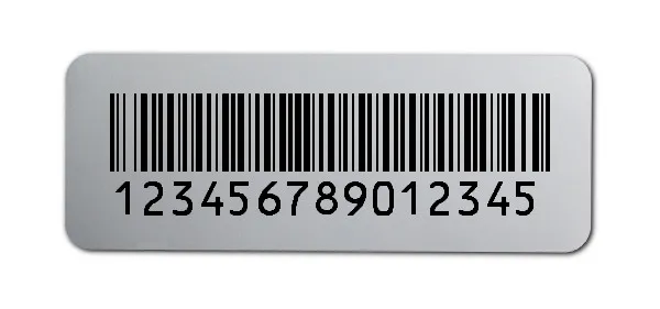 Universaletiketten Material:Polyester-Folie Silberoptik matt Größe:40x15mm Kopfzeile:"ohne" Barcode:128B Stellenanzahl:15-stellig Ausführung:1 Etikette pro Nummer Menge:1000