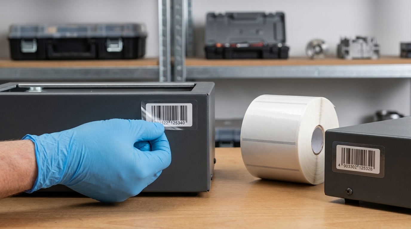 Schutzlaminat wird auf Barcode-Etikett aufgebracht