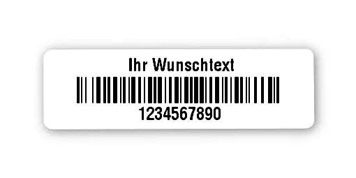 Universaletiketten Material:Folie hochglänzend weiß Größe:31x9mm Kopfzeile:"Ihr Wunschtext" Barcode:128B Stellenanzahl:10-stellig Ausführung:2 Etiketten pro Nummer Menge:500