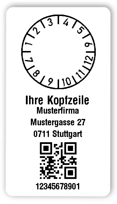 Prüfplakettenträger Material:Polyethylen-Folie hochglänzend weiß Größe:54x30mm Kopfzeile:"Ihr Wunschtext" Barcode:QR Stellenanzahl:11-stellig Ausführung:1 Etikette pro Nummer Menge:300