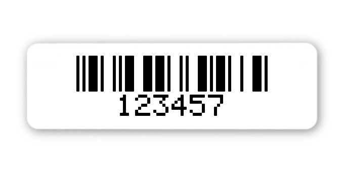 Universaletiketten Material:Folie hochglänzend weiß Größe:50x15mm Kopfzeile:"ohne" Barcode:2a5 mit Prüfziffer Stellenanzahl:6-stellig Ausführung:2 Etiketten pro Nummer Menge:100