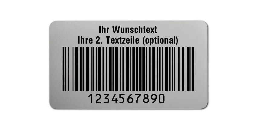 Universaletiketten Material:Polyester-Folie Silberoptik matt Größe:45x25mm Kopfzeile:"Ihr Wunschtext" Barcode:128B Stellenanzahl:10-stellig Ausführung:1 Etikette pro Nummer Menge:100