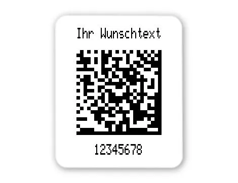 Universaletiketten Material:Polyethylen-Folie hochglänzend weiß Größe:26x22mm Kopfzeile:"Ihr Wunschtext" Barcode:DataMatrix Stellenanzahl:8-stellig Ausführung:1 Etikette pro Nummer Menge:1000